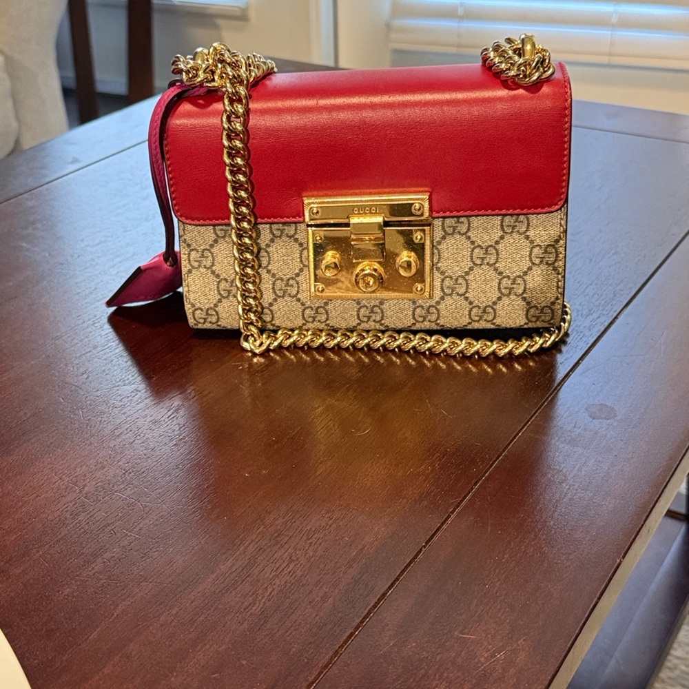 Gucci Red and Pink Supreme Crossbody Bag with Gold Hardware